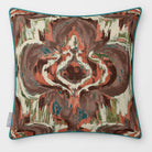 Court Medallion Cocoa & Teal linen-look square cushion, piped, front view.
