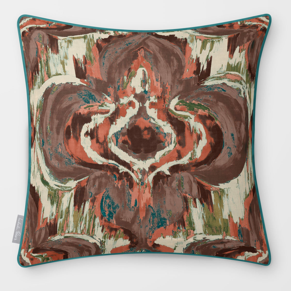 Court Medallion Cocoa & Teal linen-look square cushion, piped, front view.
