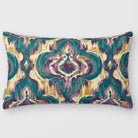 Court Medallion Ink Blue & Lilac linen-look 50 × 30 cm rectangular cushion, plain sewn edge, front view.
