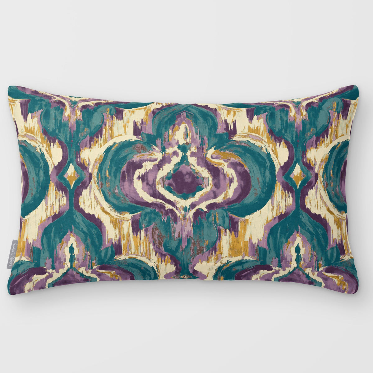 Court Medallion Ink Blue & Lilac linen-look 50 × 30 cm rectangular cushion, plain sewn edge, front view.