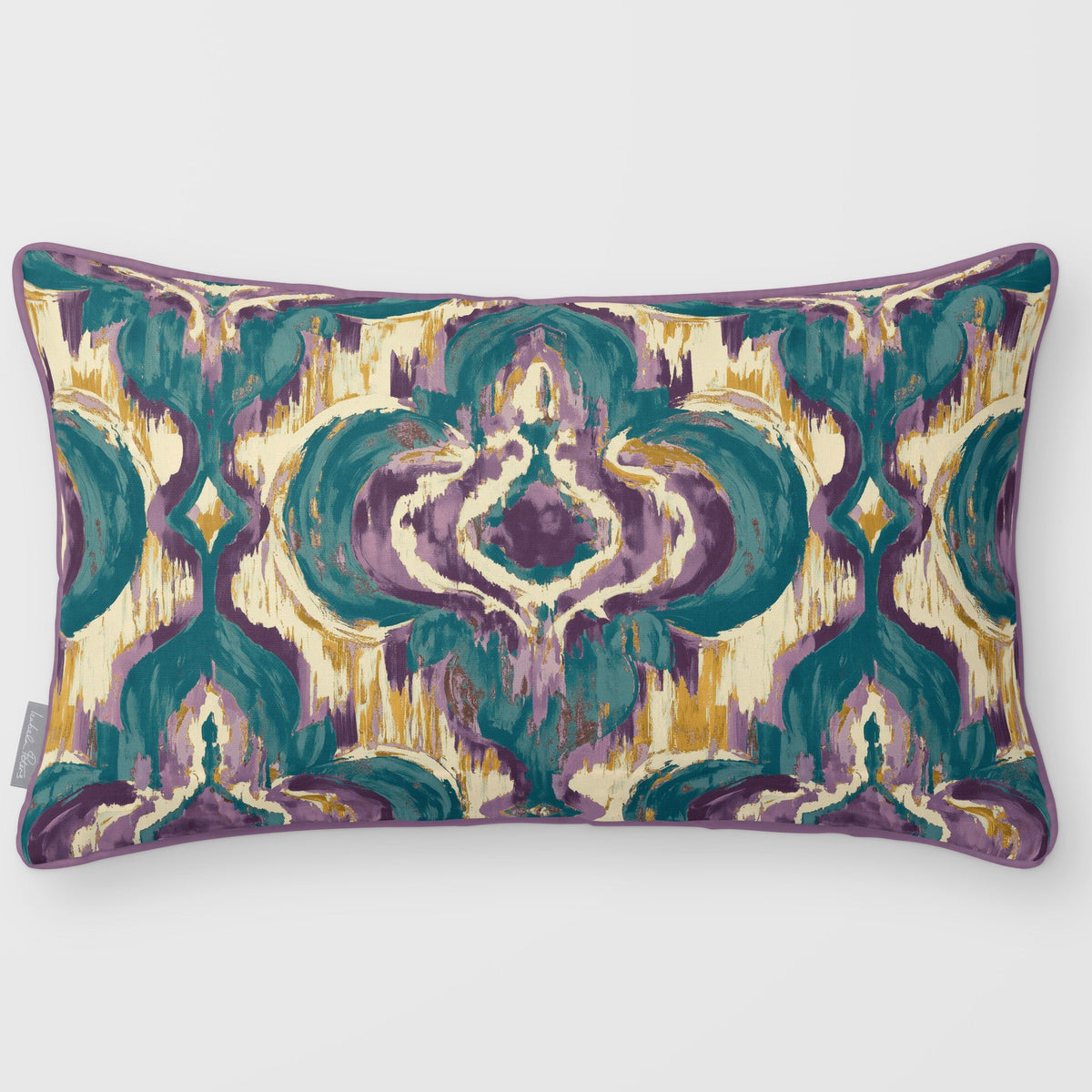 Court Medallion Ink Blue & Lilac linen-look 50 × 30 cm rectangular cushion, piped, front view.