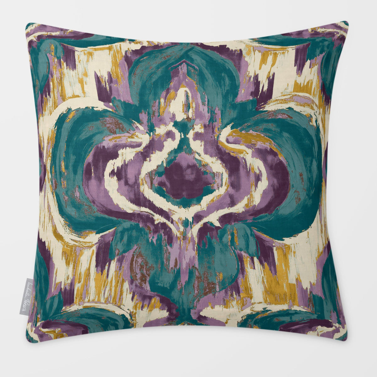 Court Medallion Ink Blue & Lilac linen-look square cushion, plain sewn edge, front view.