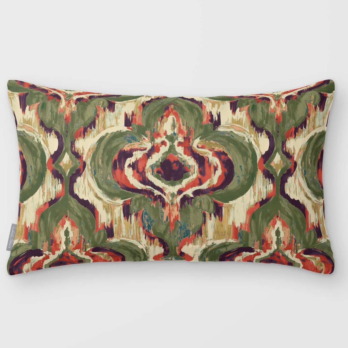 Court Medallion Olive & Tomato linen-look 50 × 30 cm rectangular cushion, plain sewn edge, front view.
