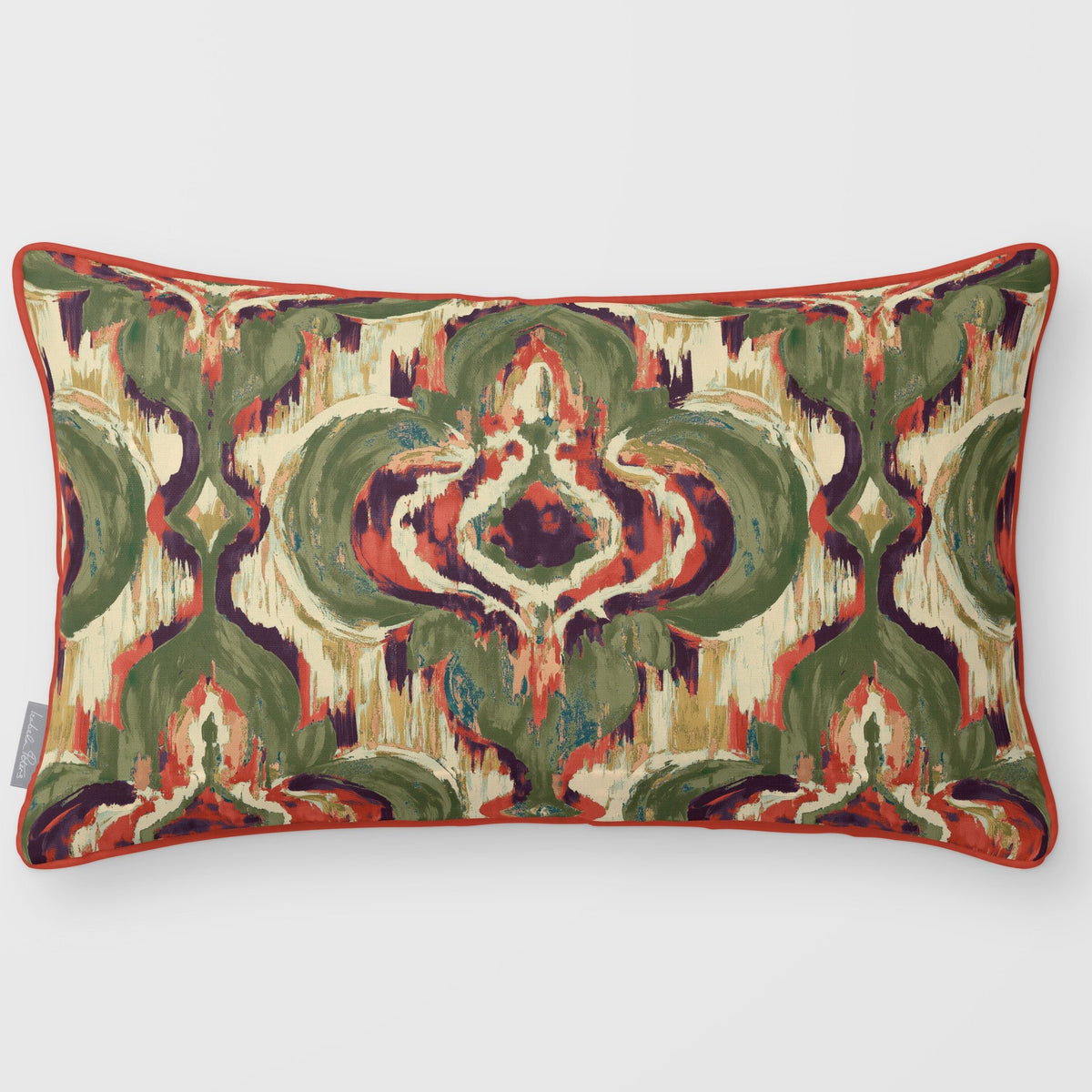 Court Medallion Olive & Tomato linen-look 50 × 30 cm rectangular cushion, piped, front view.