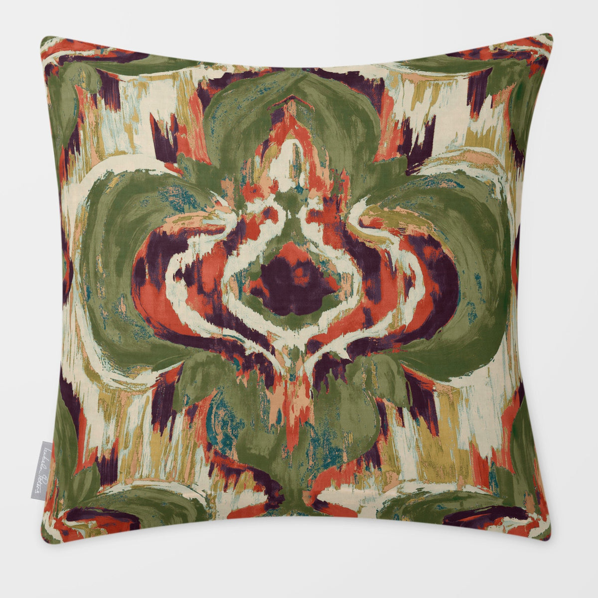 Court Medallion Olive & Tomato linen-look square cushion, plain sewn edge, front view.