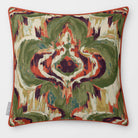 Court Medallion Olive & Tomato linen-look square cushion, piped, front view.