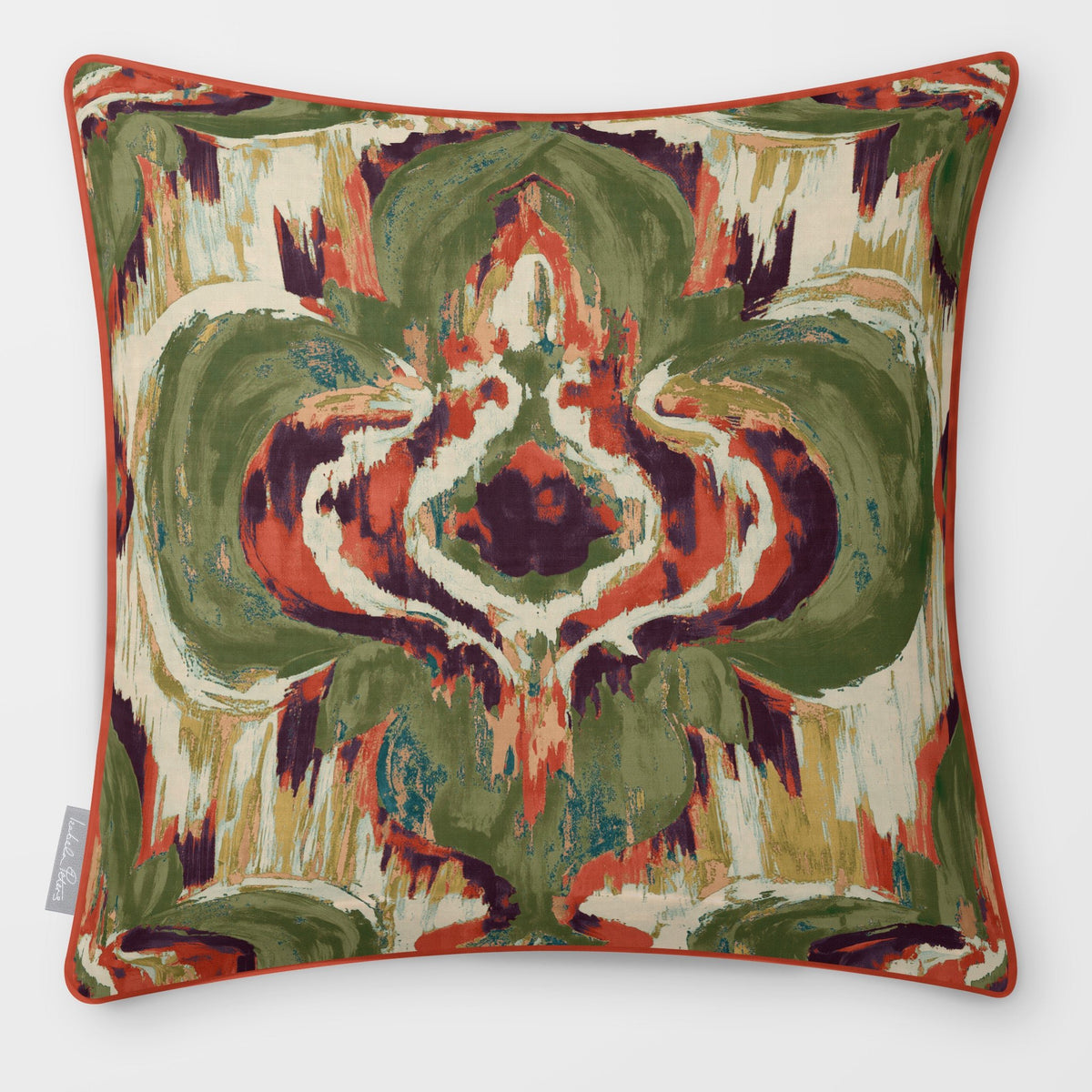 Court Medallion Olive & Tomato linen-look square cushion, piped, front view.