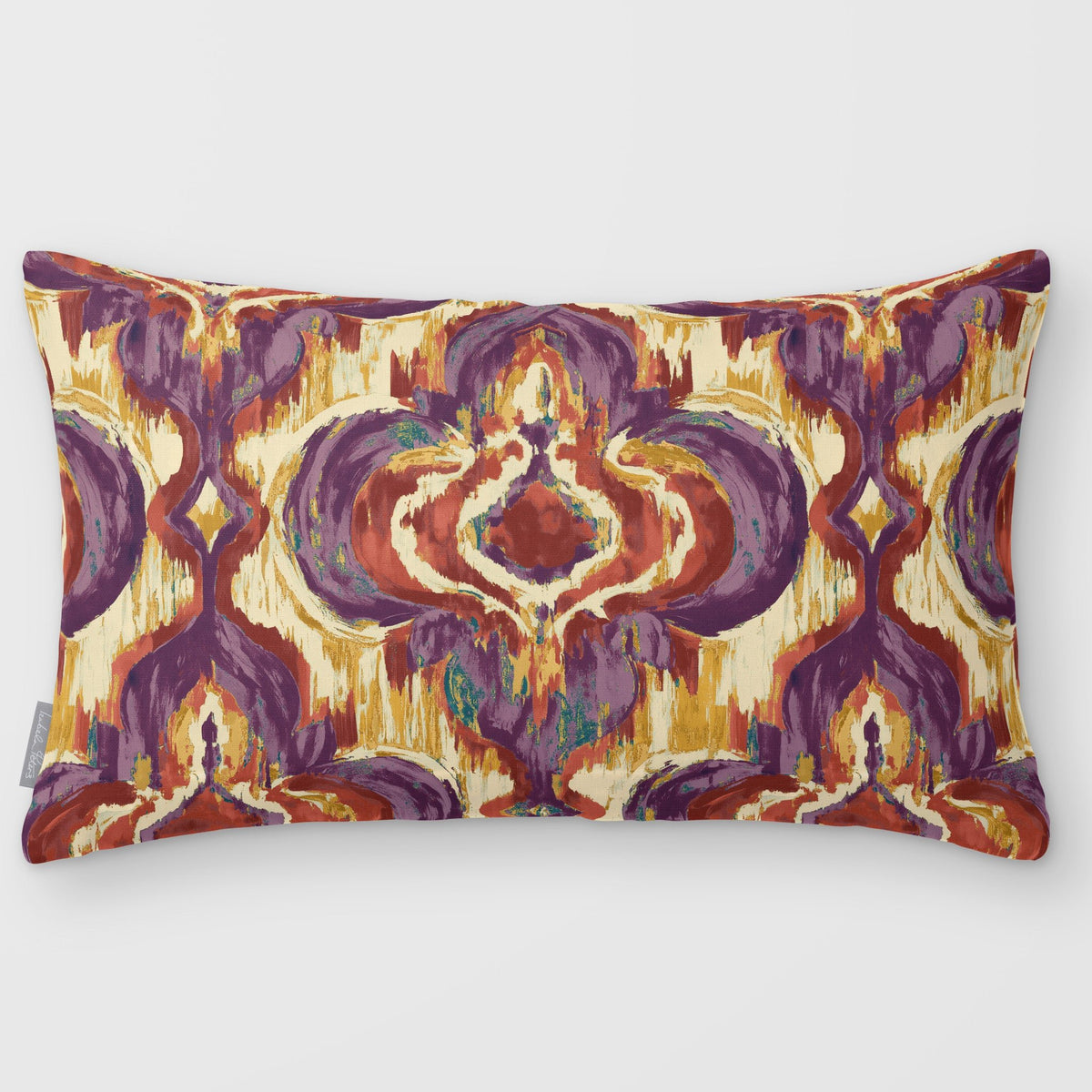 Court Medallion Plum & Saffron linen-look 50 × 30 cm rectangular cushion, plain sewn edge, front view.