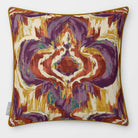 Court Medallion Plum & Saffron linen-look square cushion, piped, front view.