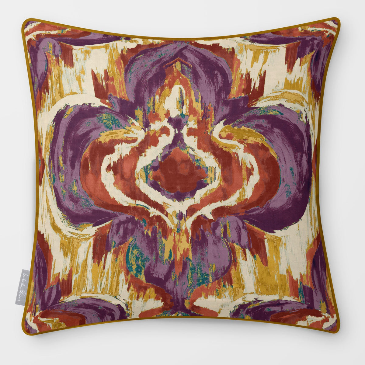 Court Medallion Plum & Saffron linen-look square cushion, piped, front view.