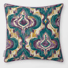 Front view of a Court Medallion Repeat square cushion in Ink Blue & Lilac, finished with Muted Lilac piping.
