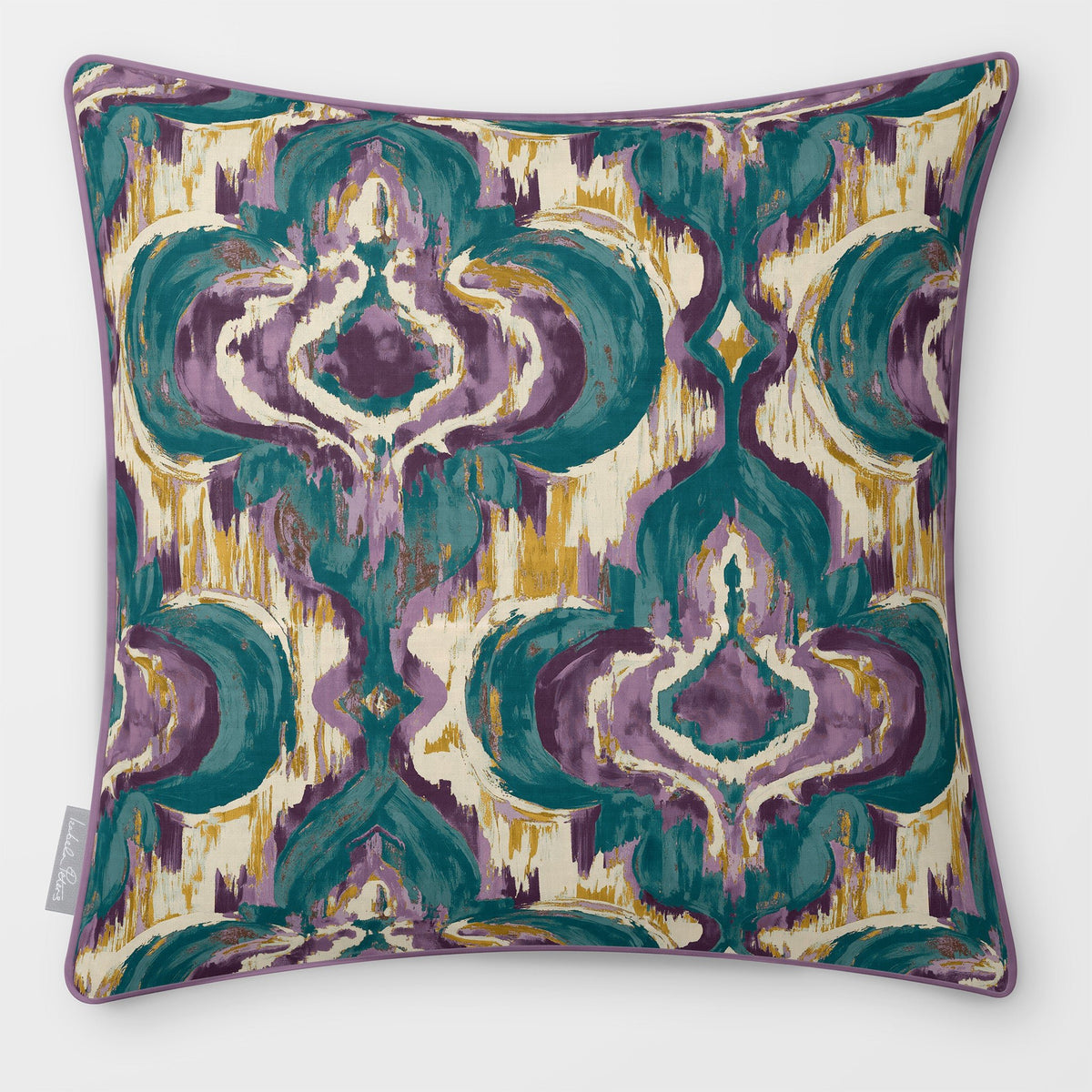 Front view of a Court Medallion Repeat square cushion in Ink Blue & Lilac, finished with Muted Lilac piping.
