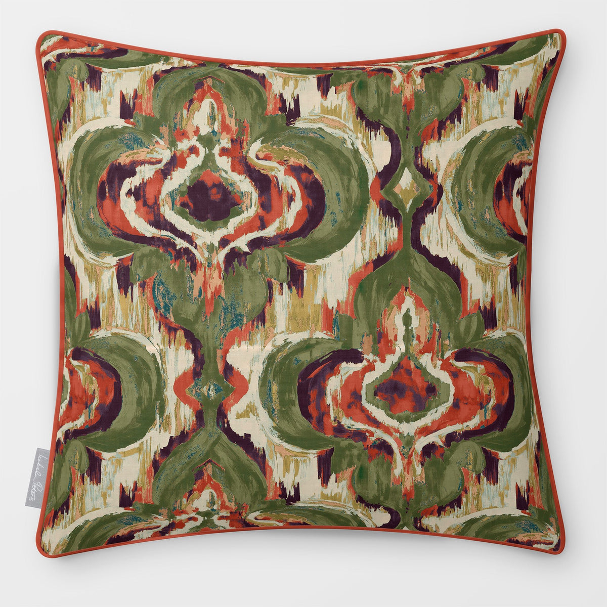 Front view of a Court Medallion Repeat square cushion in Olive & Tomato, finished with Tomato piping.