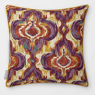 Front view of a Court Medallion Repeat square cushion in Plum & Saffron, finished with Saffron piping.