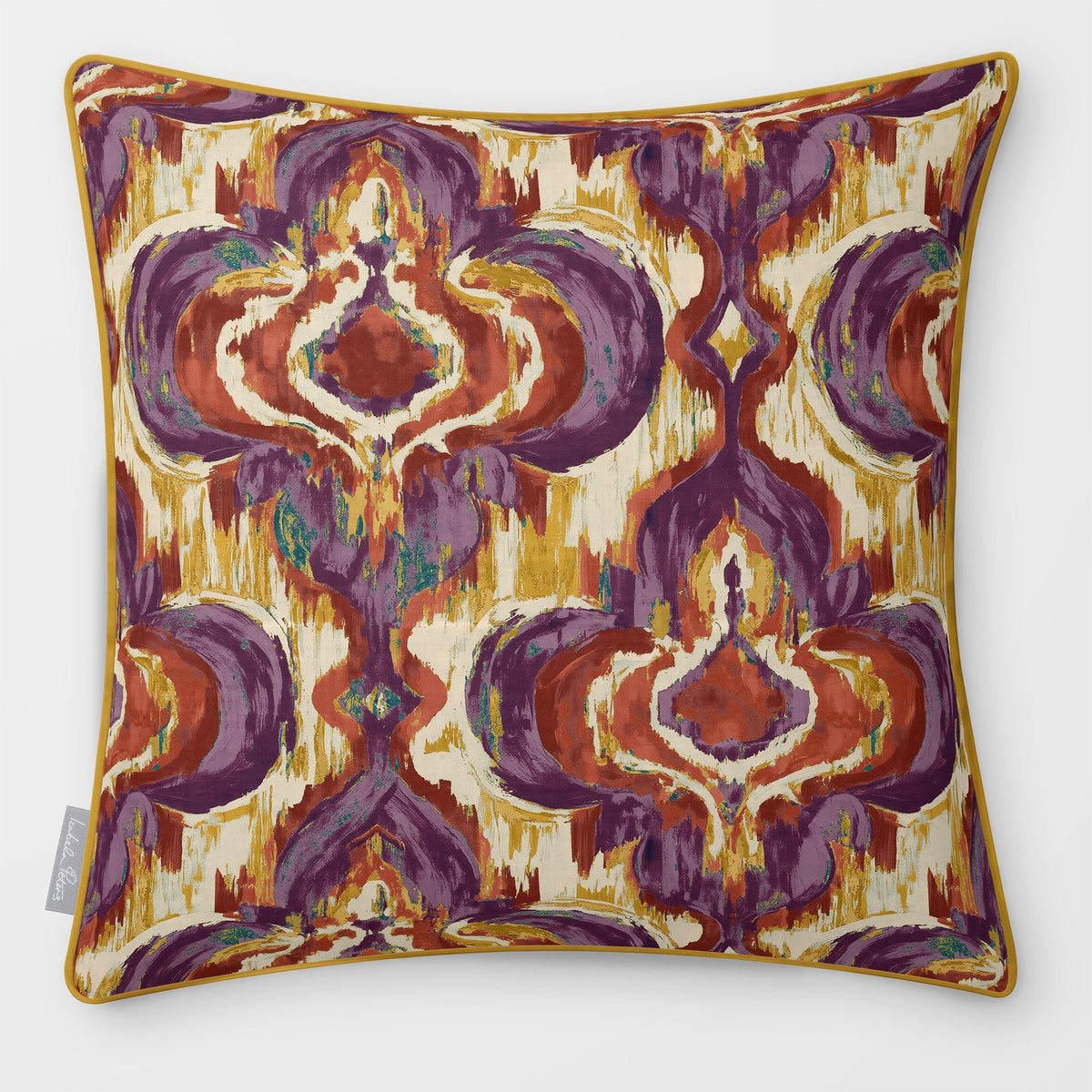 Front view of a Court Medallion Repeat square cushion in Plum & Saffron, finished with Saffron piping.