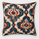 Front view of a Court Medallion Repeat square cushion in Teal & Persimmon, finished with Persimmon piping.