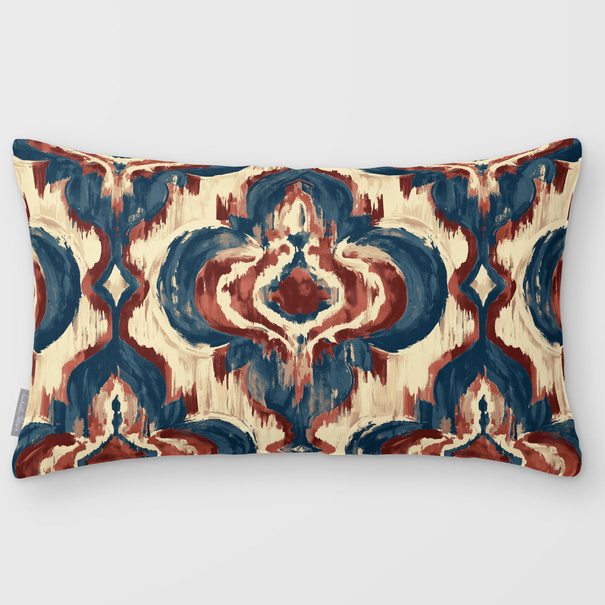 Court Medallion Teal & Persimmon linen-look 50 × 30 cm rectangular cushion, plain sewn edge, front view.