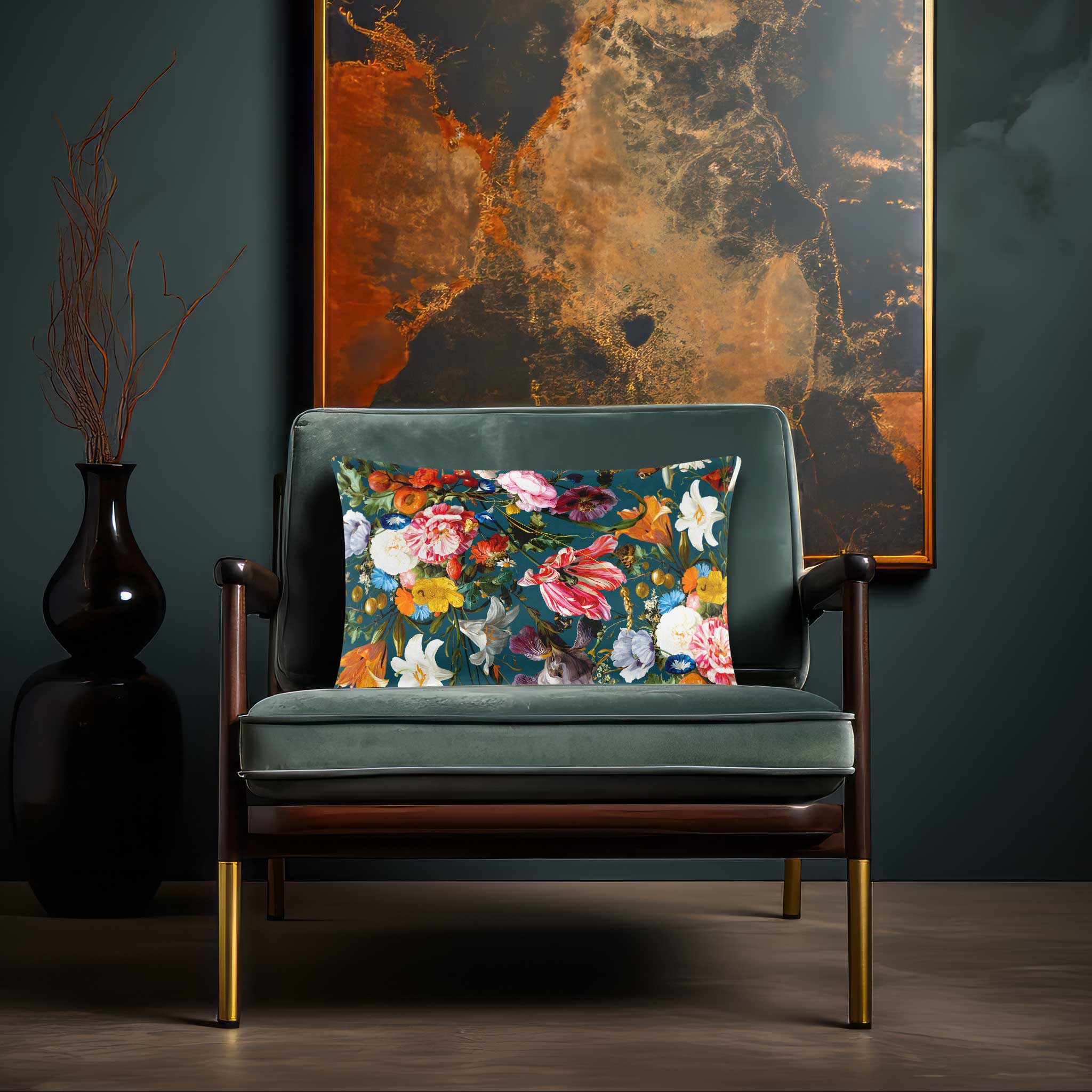 Floral Dream | Sustainable Velvet Rectangle Cushion - Teal 50 x 30 cm Cover Only by Izabela Peters