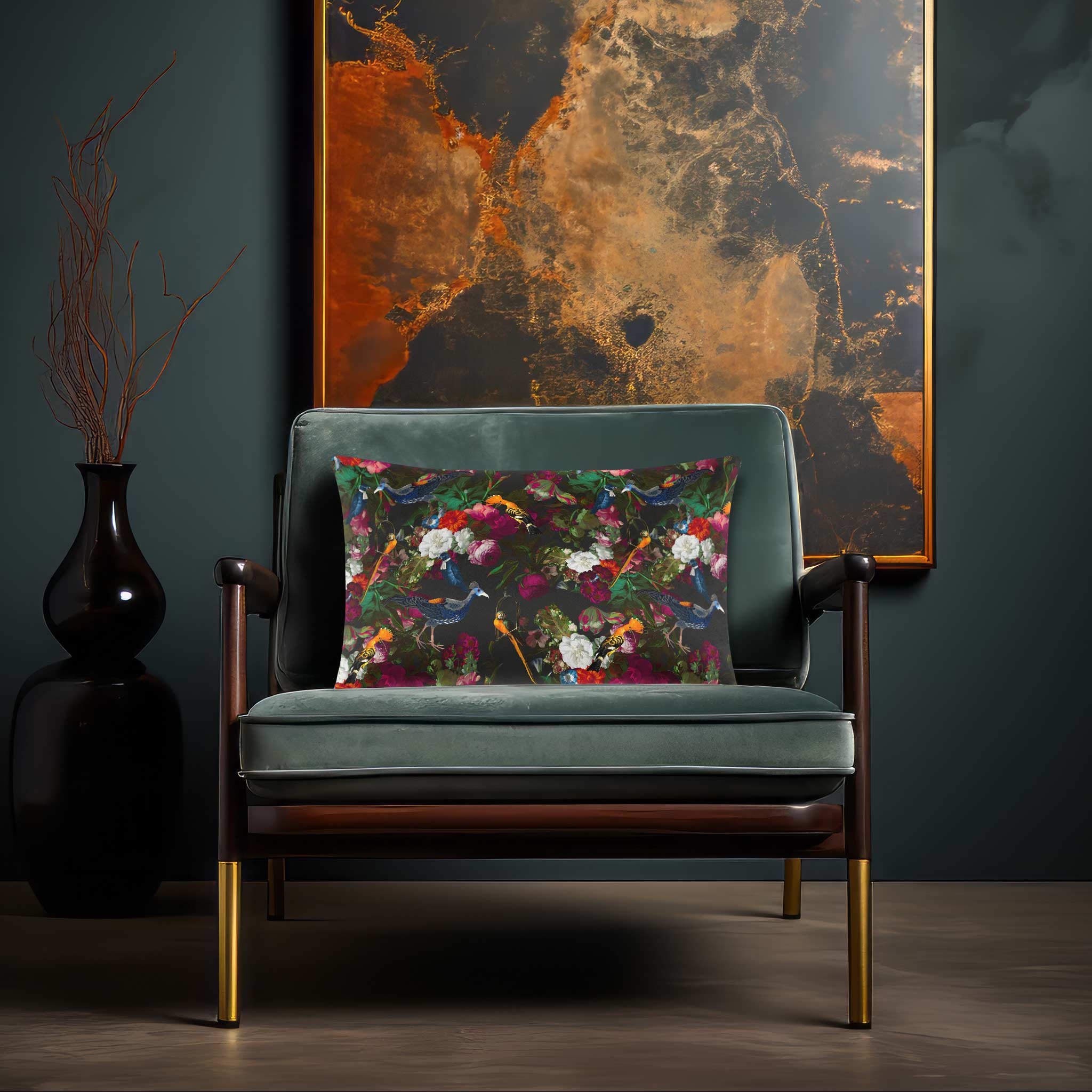 Manor House Garden | Sustainable Velvet Rectangle Cushion - Charcoal 50 x 30 cm Cover Only by Izabela Peters