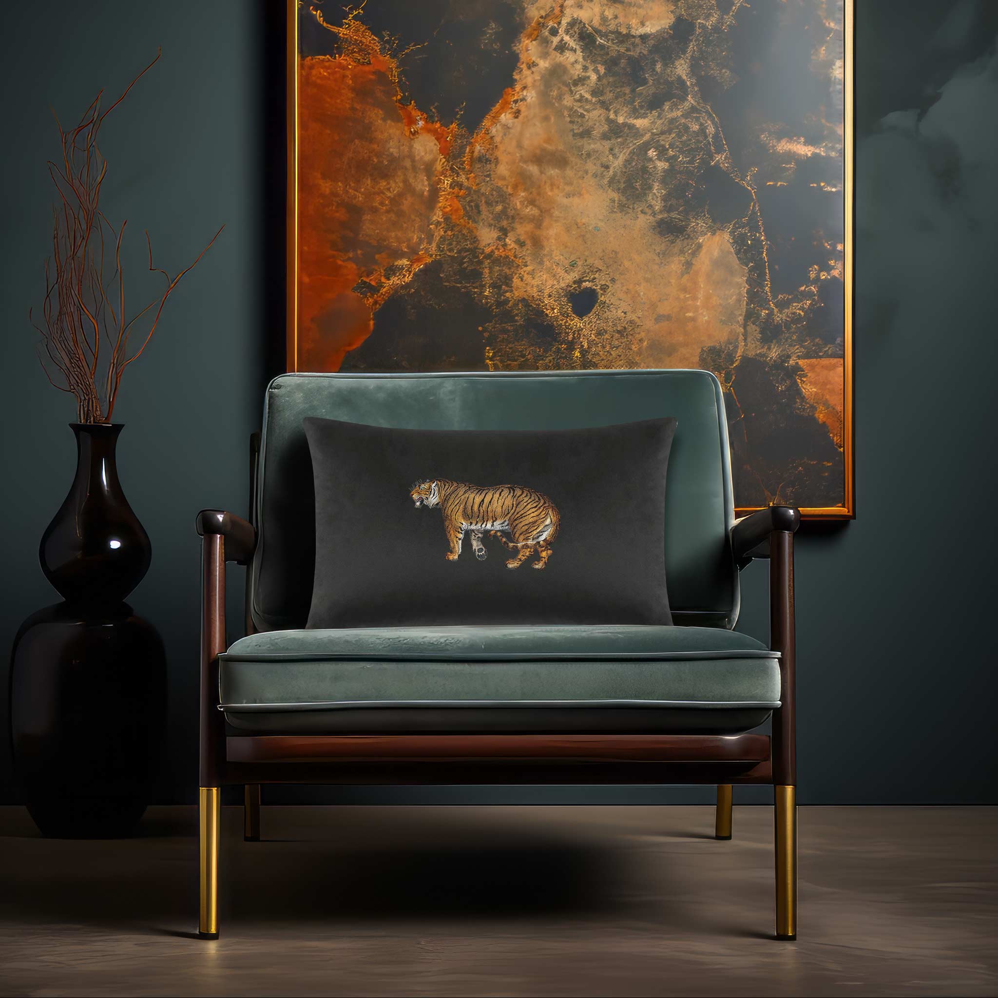 Tiger | Sustainable Velvet Rectangle Cushion - Charcoal 50 x 30 cm Cover Only by Izabela Peters