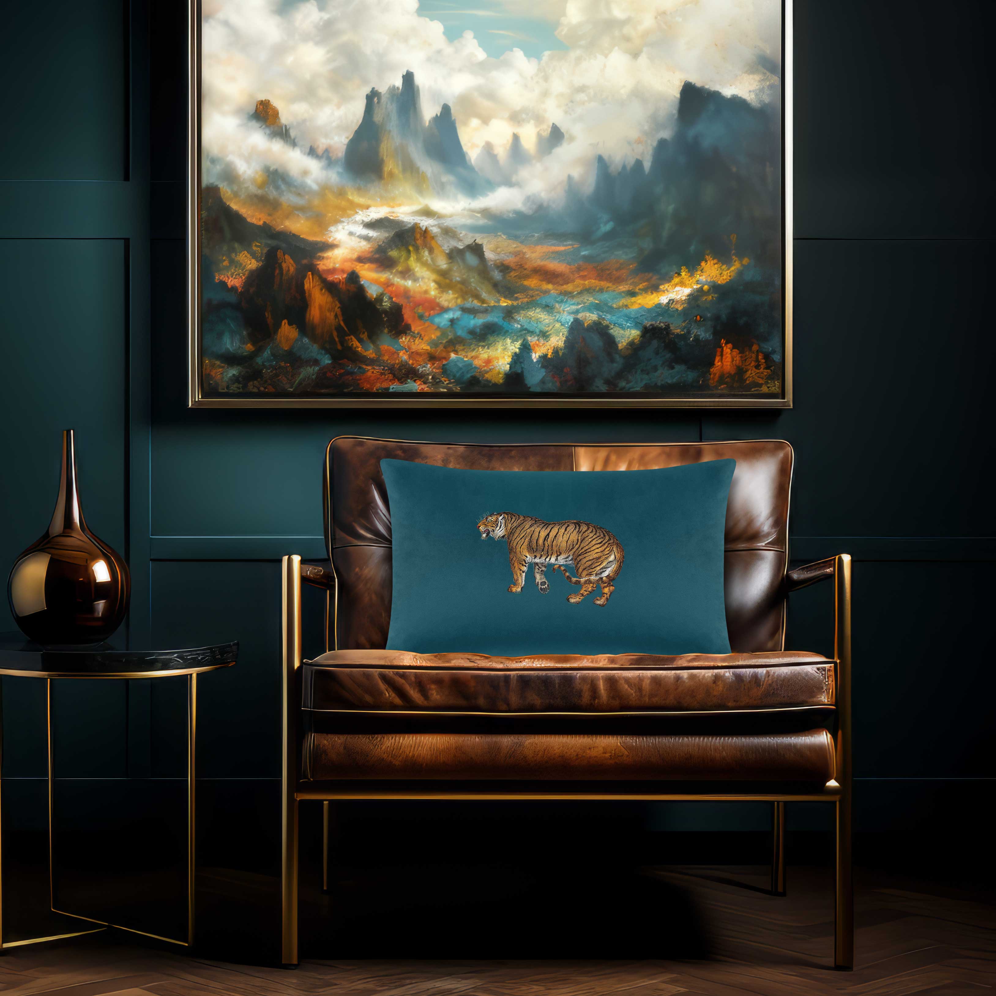 Tiger | Sustainable Velvet Rectangle Cushion - Teal 50 x 30 cm Cover Only by Izabela Peters