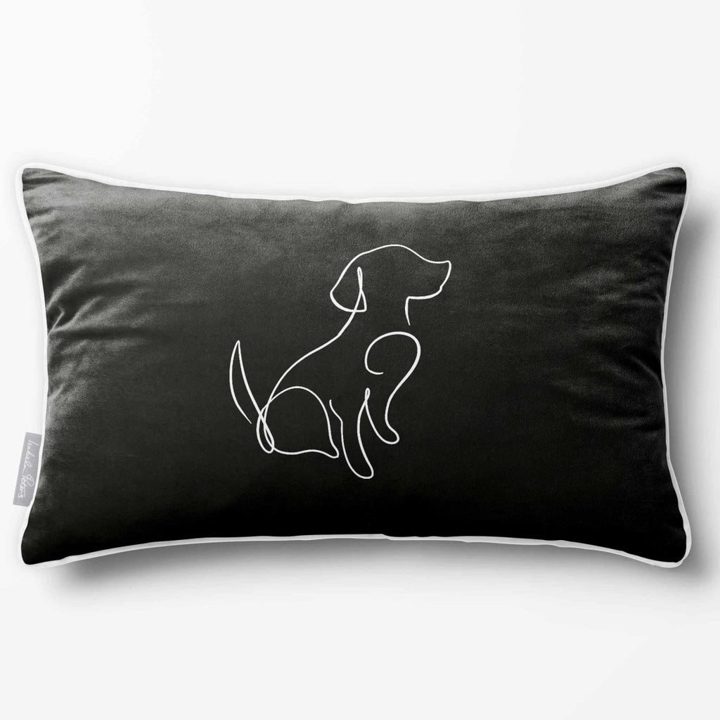 Dog | Sustainable Velvet Rectangle Cushion - Black & White 50 x 30 cm Piped by Izabela Peters