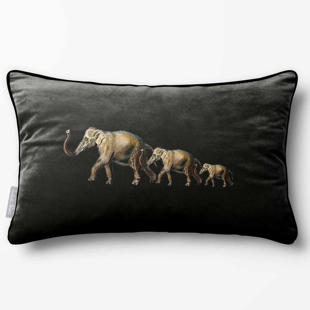Elephants | Sustainable Velvet Rectangle Cushion - Charcoal 50 x 30 cm Piped by Izabela Peters
