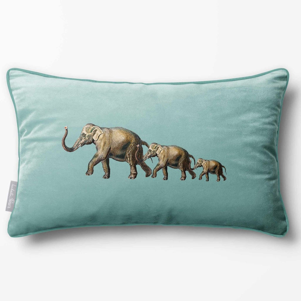 Elephants | Sustainable Velvet Rectangle Cushion - Blue Surf 50 x 30 cm Piped by Izabela Peters