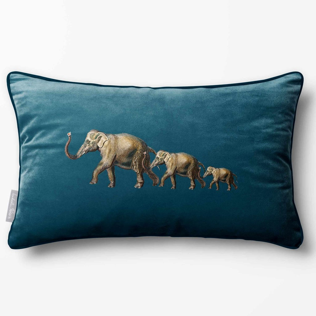 Elephants | Sustainable Velvet Rectangle Cushion - Teal 50 x 30 cm Piped by Izabela Peters