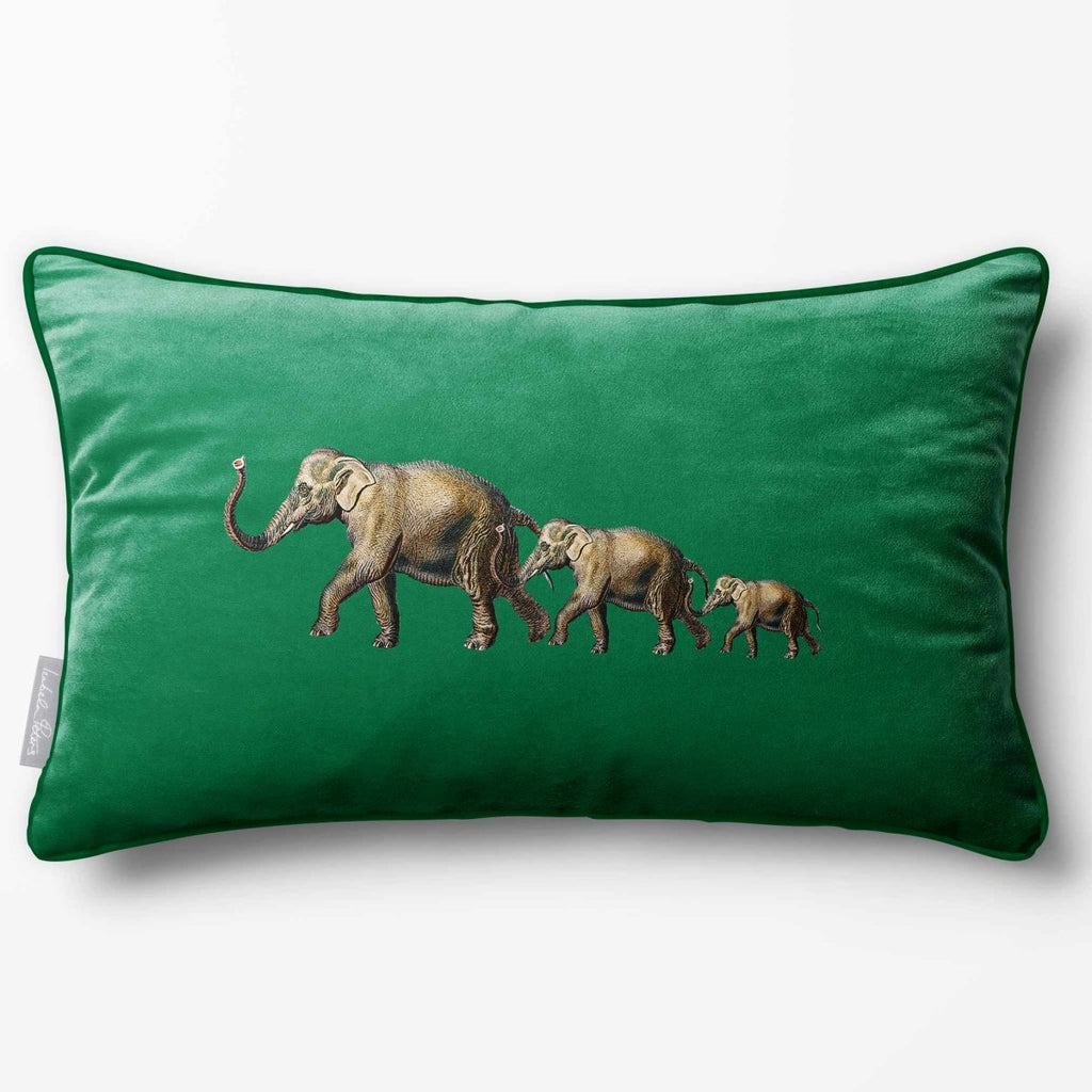 Elephants | Sustainable Velvet Rectangle Cushion - Emerald Green 50 x 30 cm Piped by Izabela Peters
