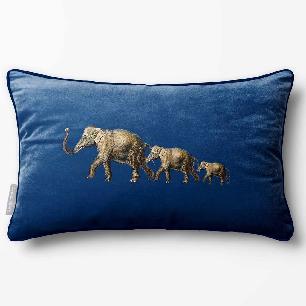 Elephants | Sustainable Velvet Rectangle Cushion - Estate Blue 50 x 30 cm Piped by Izabela Peters