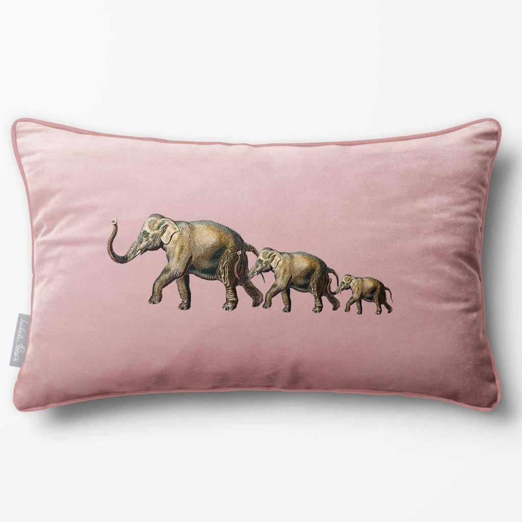 Elephants | Sustainable Velvet Rectangle Cushion - Rosewater 50 x 30 cm Piped by Izabela Peters