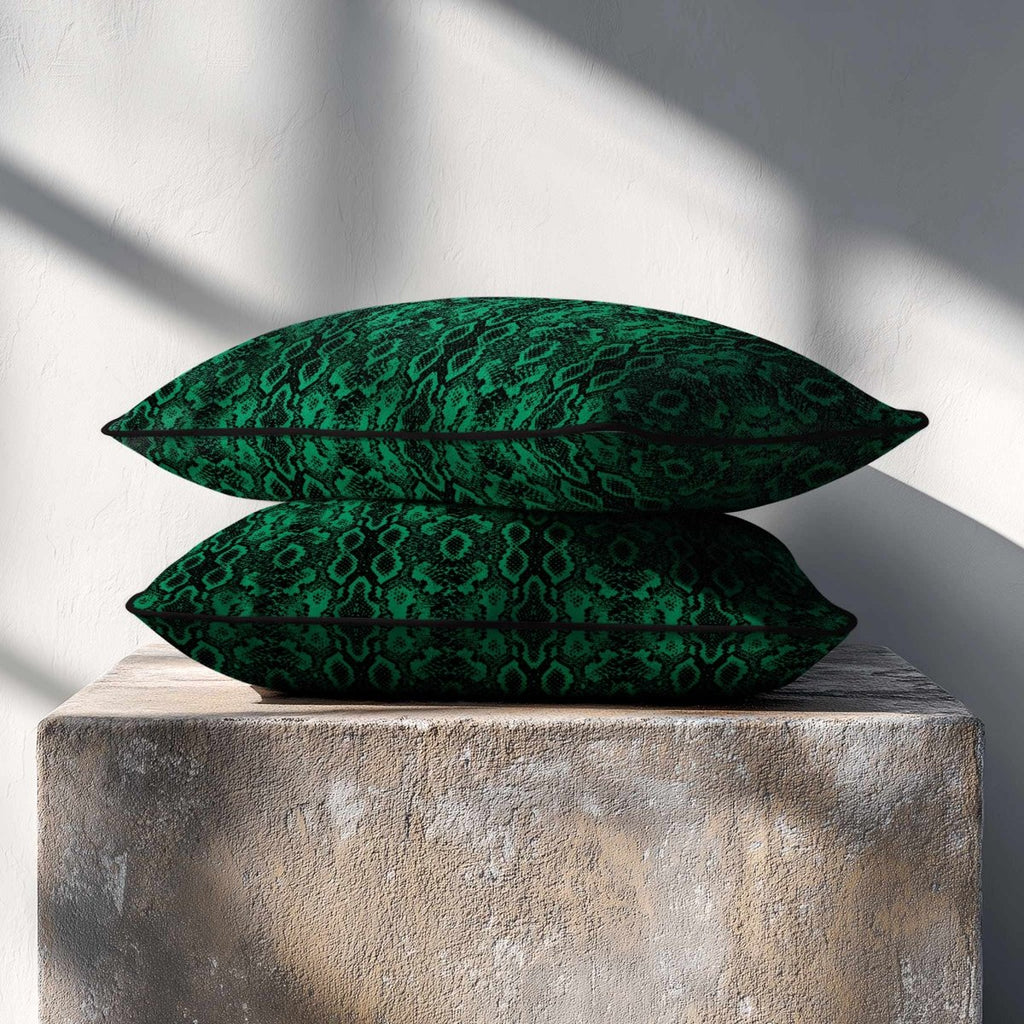 Exotic Snake | Sustainable Velvet Rectangle Cushion - Emerald Green 50 x 30 cm Piped by Izabela Peters