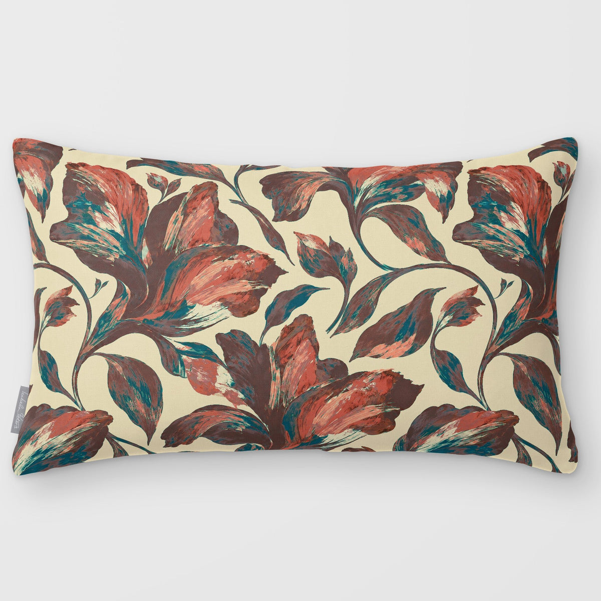 Fiora Floral Cocoa & Teal linen-look 50 × 30 cm rectangular cushion, plain sewn edge, front view.