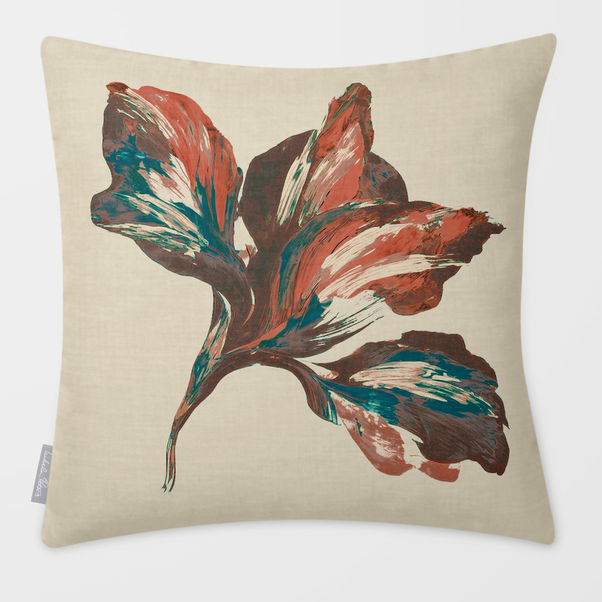 Fiora Floral Cocoa & Teal linen-look square cushion, plain sewn edge, front view.