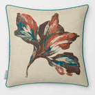 Fiora Floral Cocoa & Teal linen-look square cushion, piped, front view.