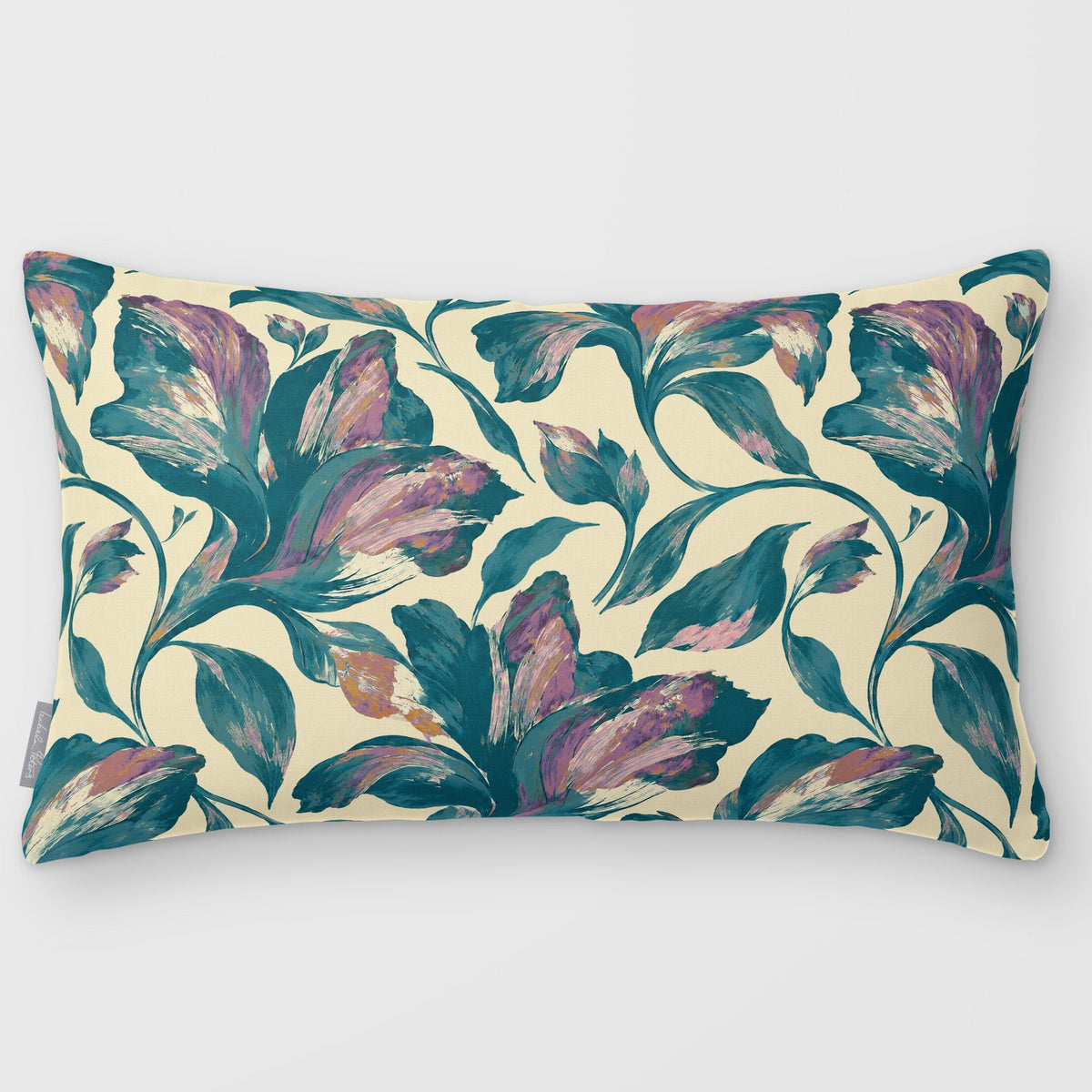 Fiora Floral Ink Blue & Lilac linen-look 50 × 30 cm rectangular cushion, plain sewn edge, front view.