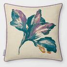 Fiora Floral Ink Blue & Lilac linen-look square cushion, piped, front view.