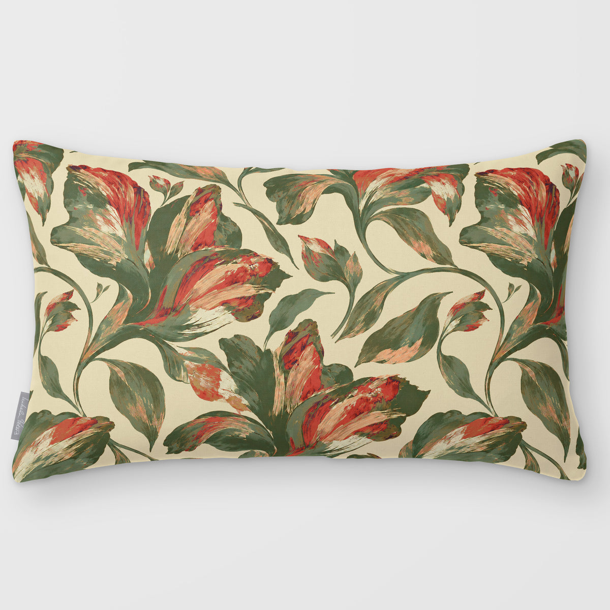 Fiora Floral Olive & Tomato linen-look 50 × 30 cm rectangular cushion, plain sewn edge, front view.