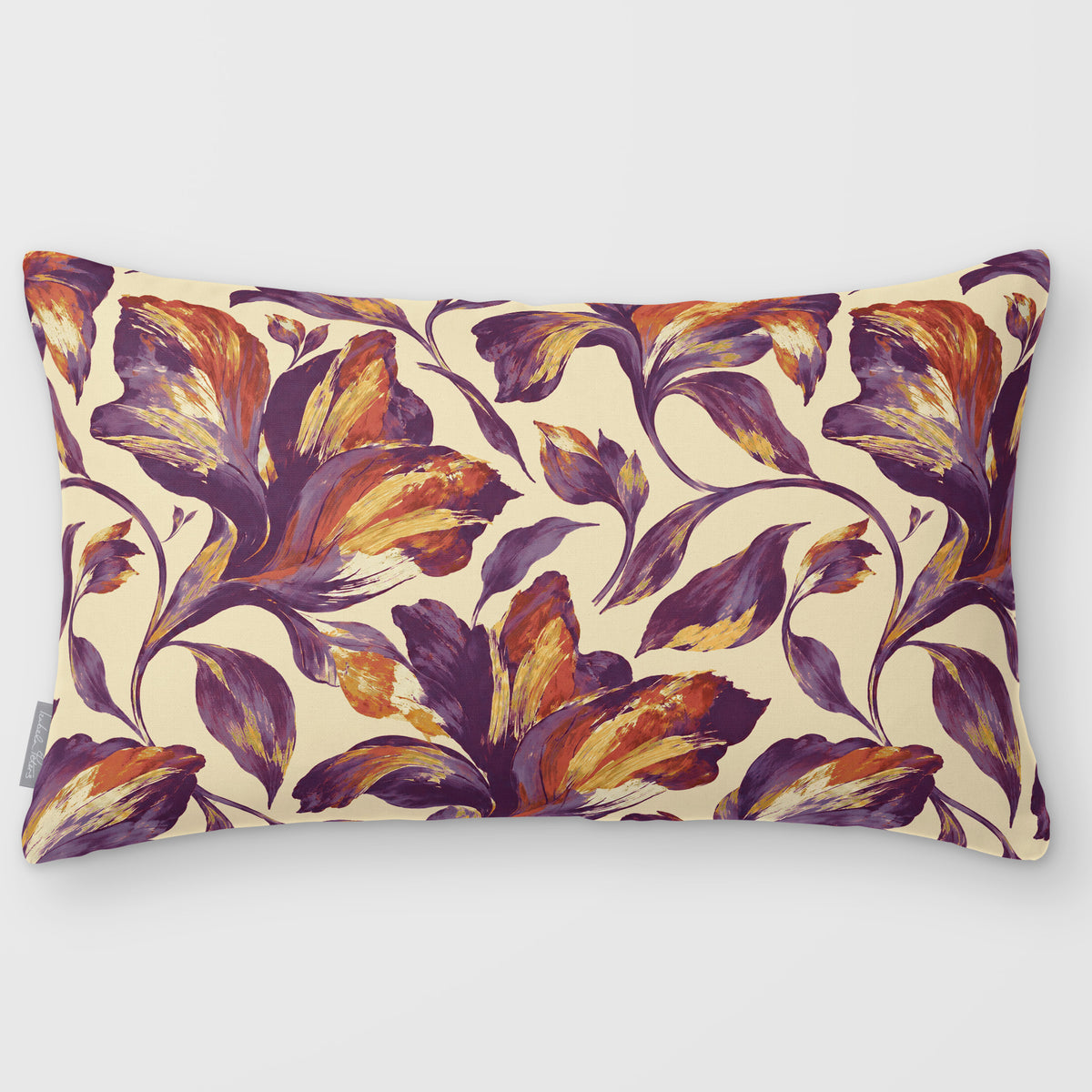 Fiora Floral Plum & Saffron linen-look 50 × 30 cm rectangular cushion, plain sewn edge, front view.