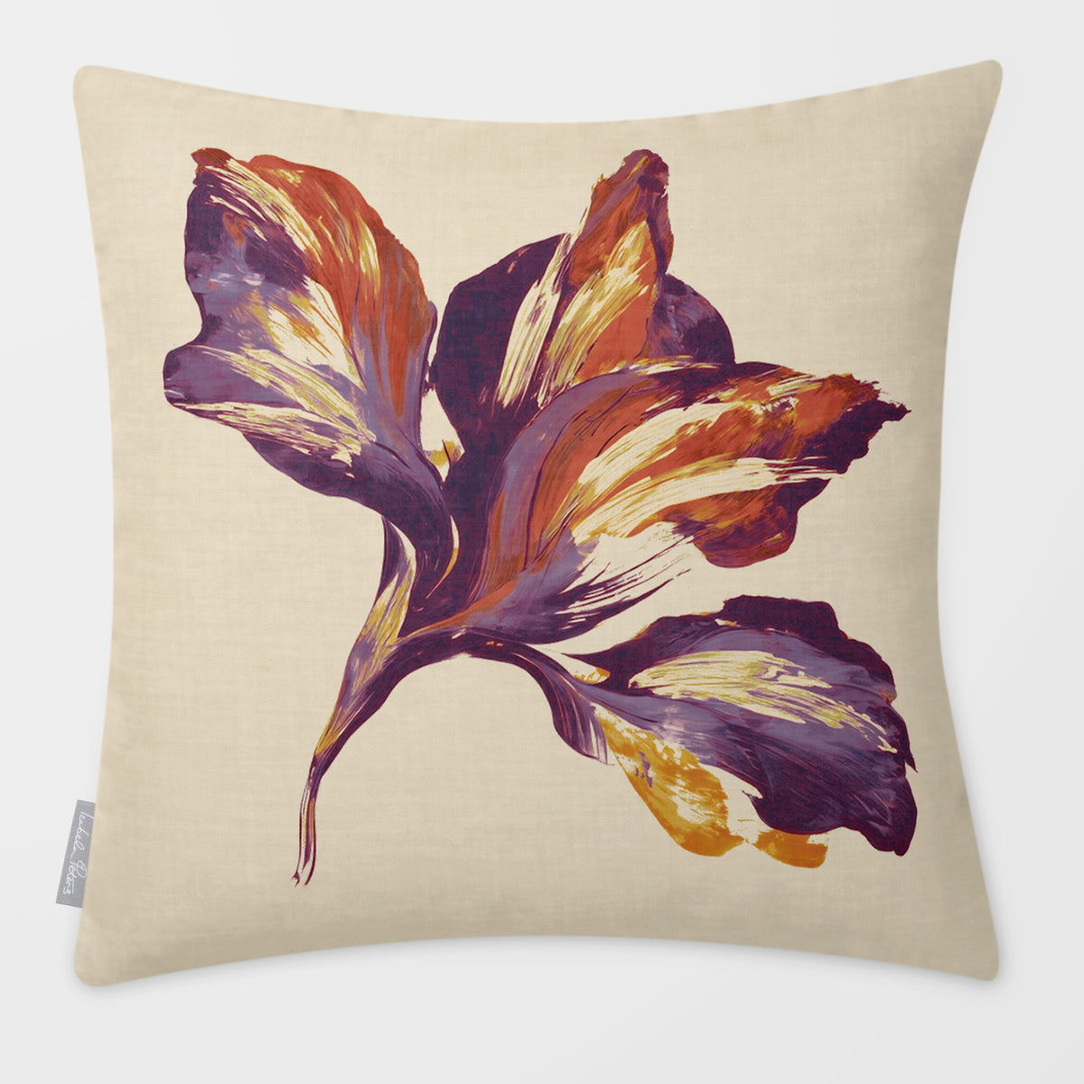 Fiora Floral Plum & Saffron linen-look square cushion, plain sewn edge, front view.