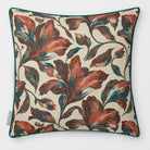 Front view of a Fiora Floral Repeat square cushion in Cocoa & Teal, finished with Deep Teal piping.