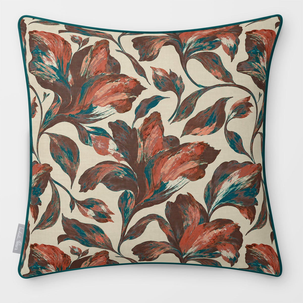 Front view of a Fiora Floral Repeat square cushion in Cocoa & Teal, finished with Deep Teal piping.
