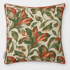 Front view of a Fiora Floral Repeat square cushion in Olive & Tomato, finished with Tomato piping.