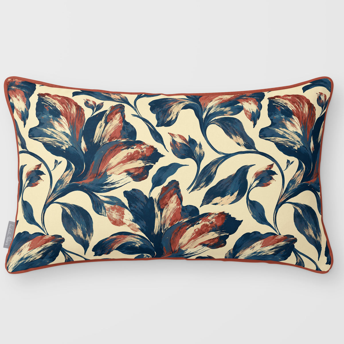 Fiora Floral Teal & Persimmon linen-look 50 × 30 cm rectangular cushion, piped, front view.