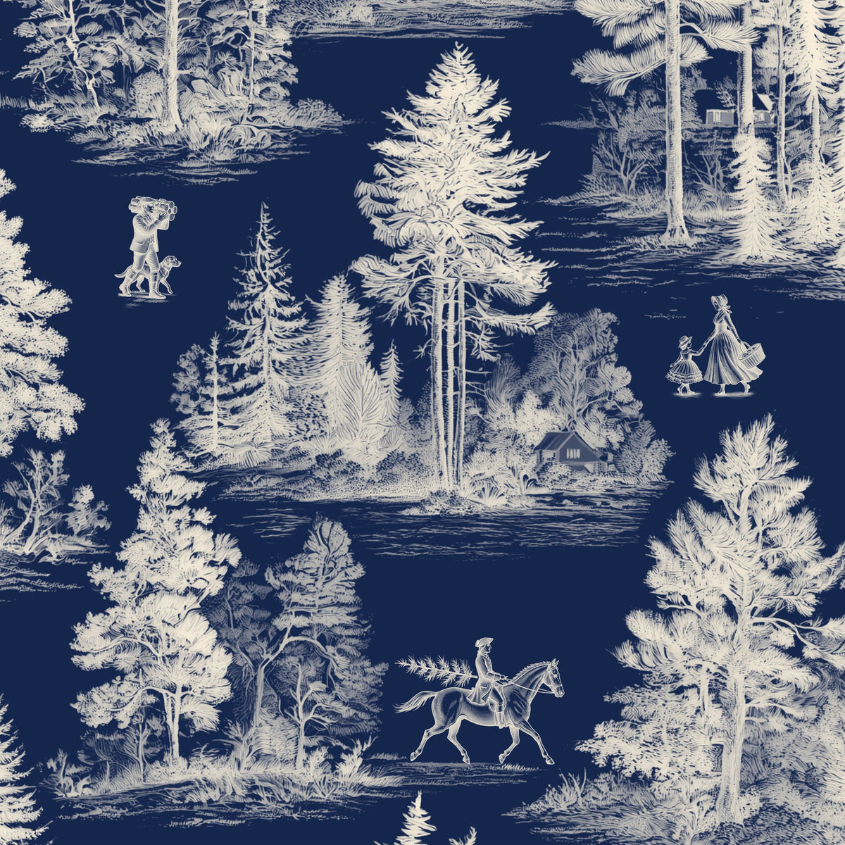 Fir Forest Toile Christmas napkin print in ivory on navy