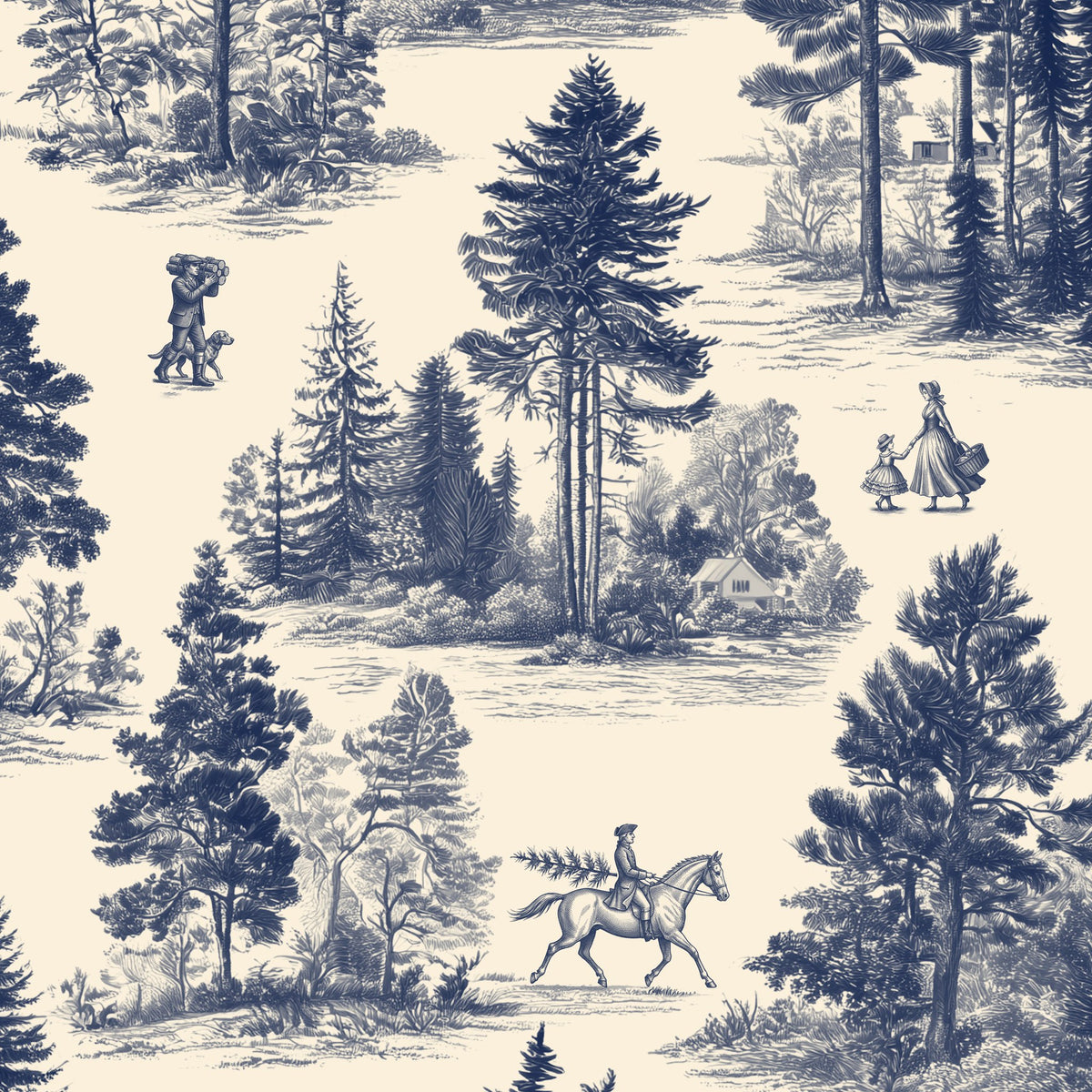 Fir Forest Toile Christmas napkin print in navy on ivory