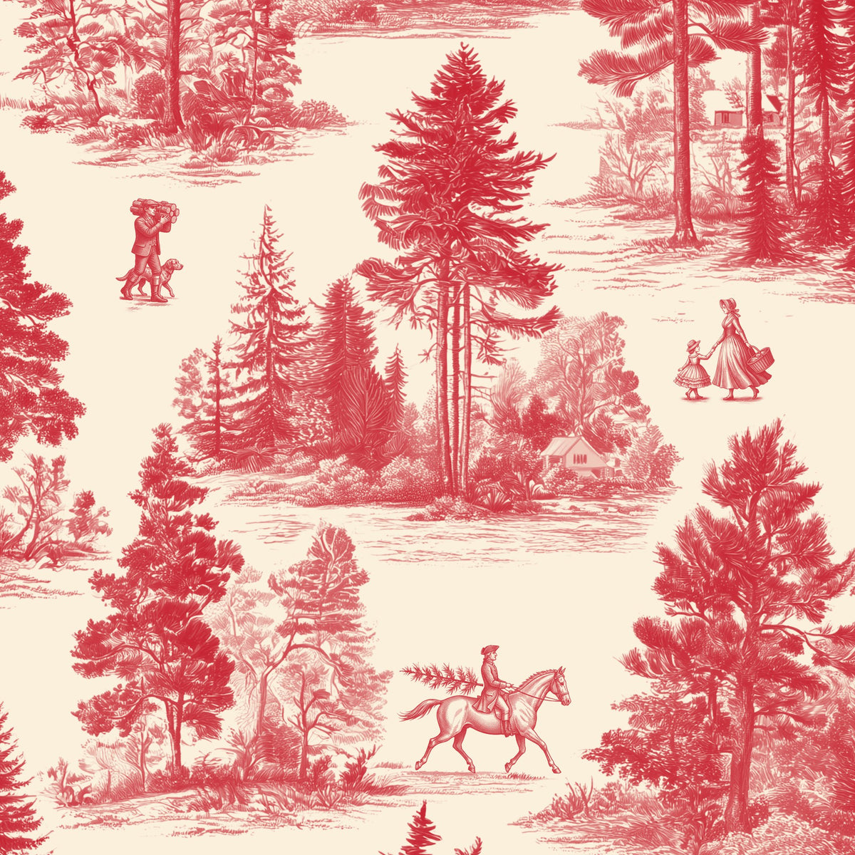 Fir Forest Toile Christmas napkin print in red on ivory