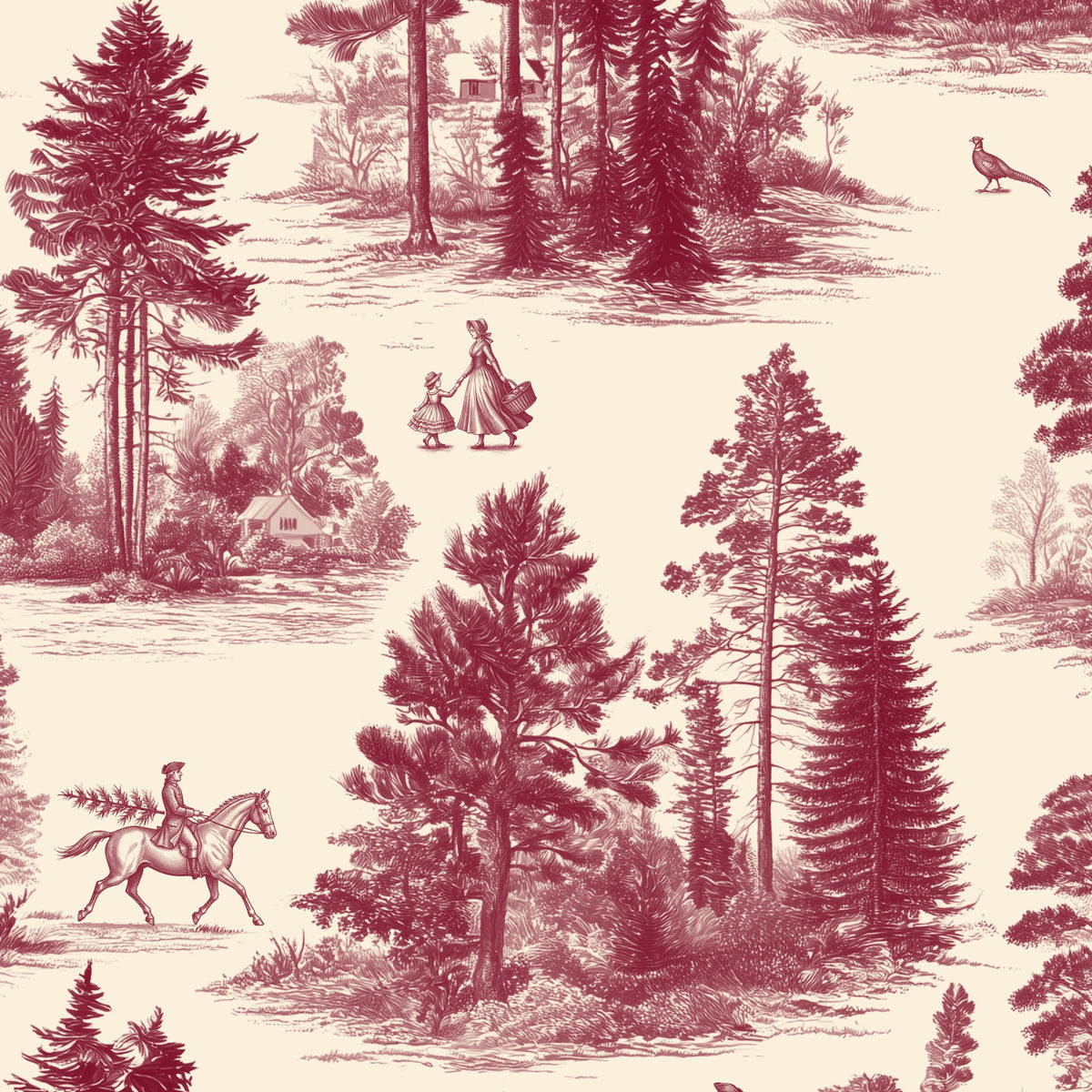 Fir Forest Toile Christmas table runner print in burgundy on ivory