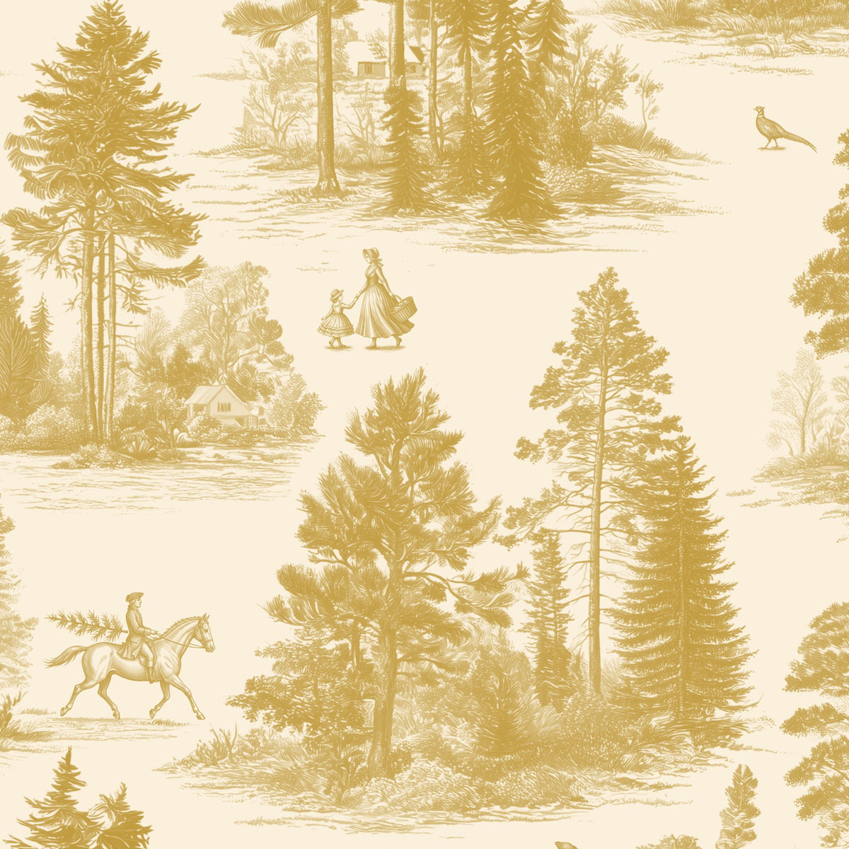 Fir Forest Toile Christmas table runner print in gold on ivory